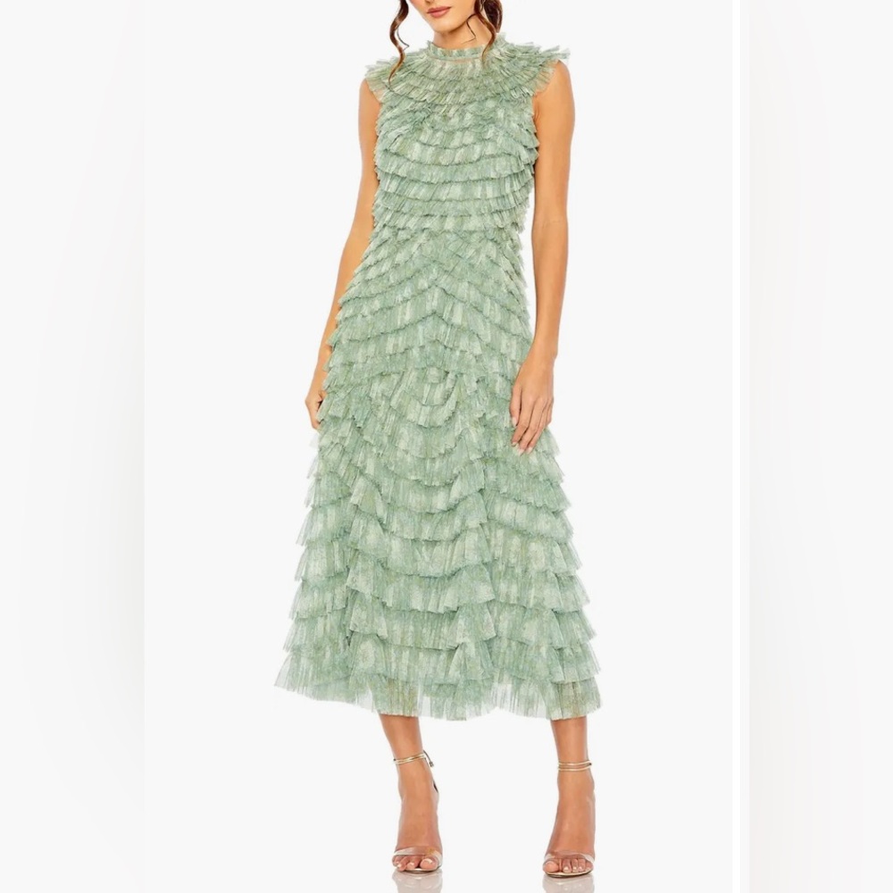 Mac Duggal Sage Green Tiered Midi Dress